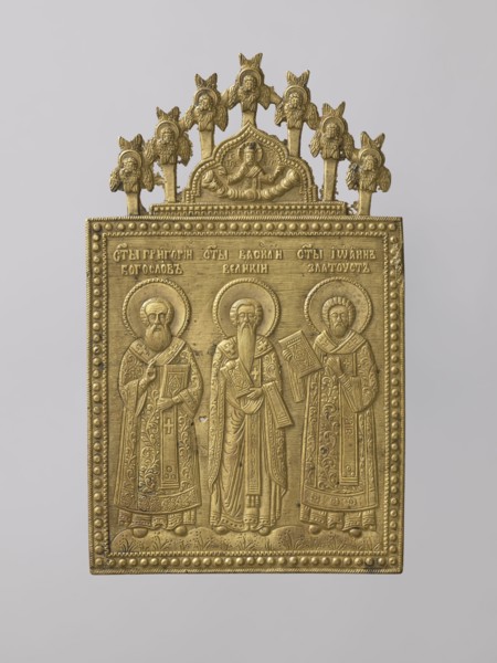 Icon: Holy Fathers of the Church. Old Believers workshop. Metal icon showing Saints Gregory the
