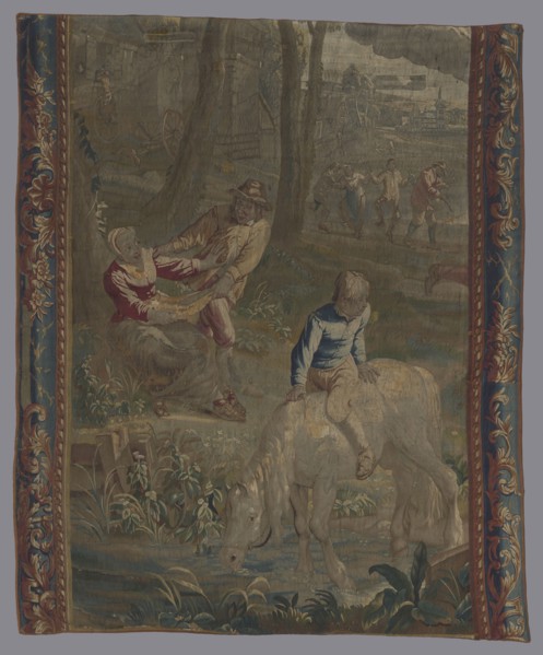 Tapestry, In the foreground a boy on a horse on the river bank; in the background dancing peasants