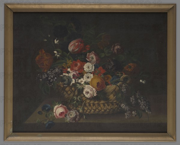 Flowers in a Wicker Basket, unknown painter, 1st half of the 19th century, painting, height 68 cm,
