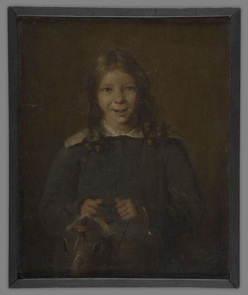 Boy sitting on a wooden horse, 19th century, portrait, height 27.5 cm, width 22 cm, A portrait of a