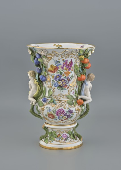Vase, 19th/20th century, Meissen; vase; diameter 36 cm, base diameter 24 cm., An ornate ceramic