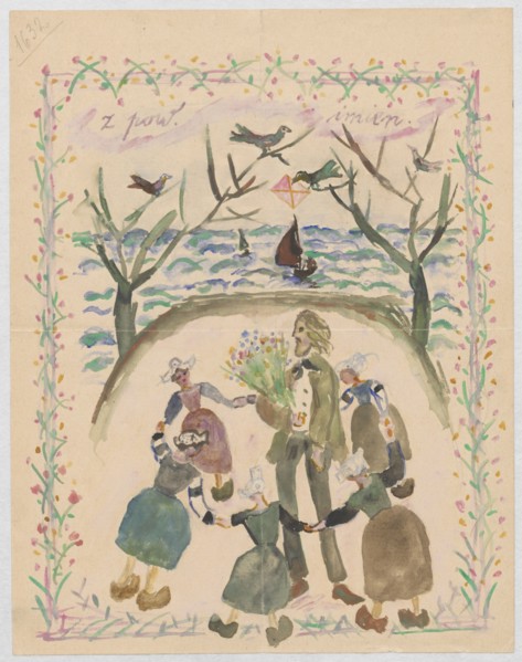 Name day card for Maria Mickiewiczówna by Tadeusz Makowski 1882–1932. Drawing on both sides of a