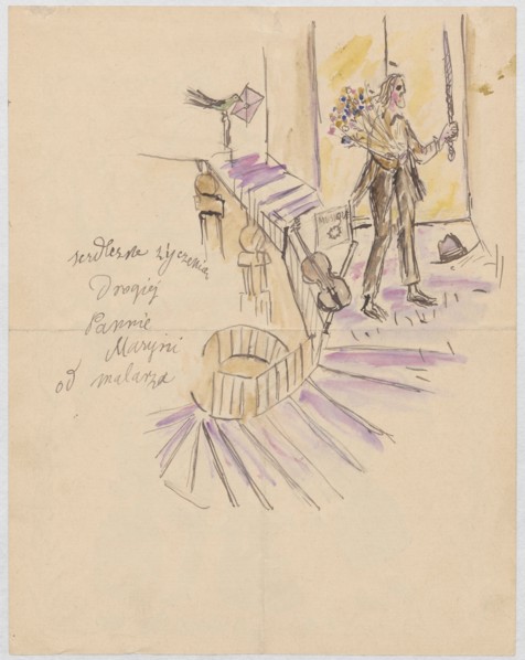 Name day card for Maria Mickiewiczówna, by Tadeusz Makowski 1882–1932; includes self-portraits and