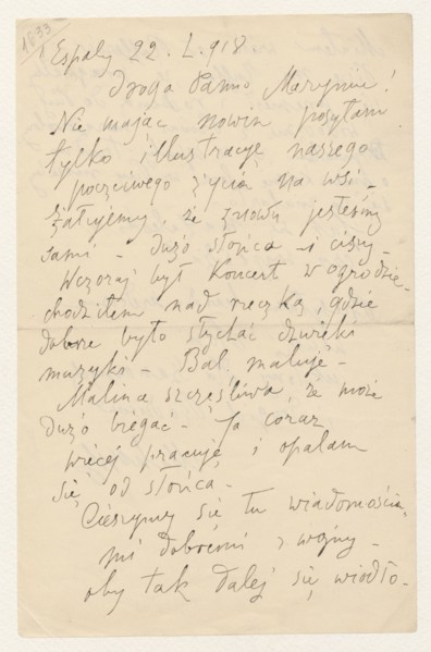 Letter to Maria Mickiewiczówna from Tadeusz Makowski 1882–1932, one page, both sides written, 22