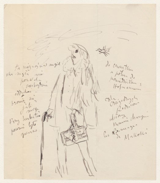 Letter to Maria Mickiewiczówna with a drawing: self-portrait of the artist in a coat and beret,