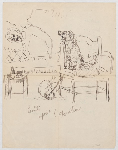 Letter to Maria Mickiewiczówna with the drawing lundi apres l'operation Makowski lying in bed with
