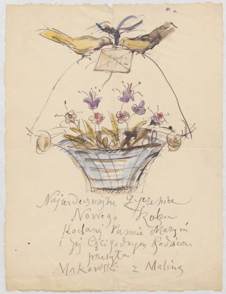 A letter with New Year's wishes for Maria Mickiewiczówna and her parents, with a drawing of a