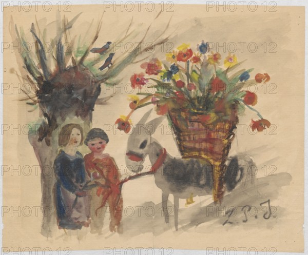 Name day card for Maria Mickiewiczówna with a drawing of two children leading a donkey with a large