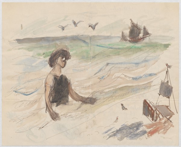 Letter to Maria Mickiewiczówna with a drawing self-portrait of the artist bathing in the sea,