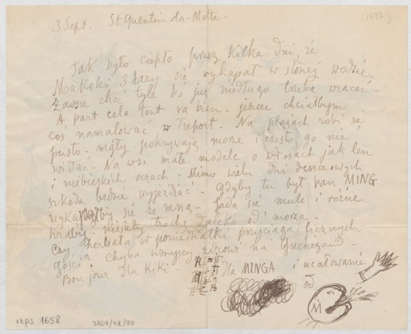 Letter to Maria Mickiewiczówna with a drawing self-portrait of the artist bathing in the sea,