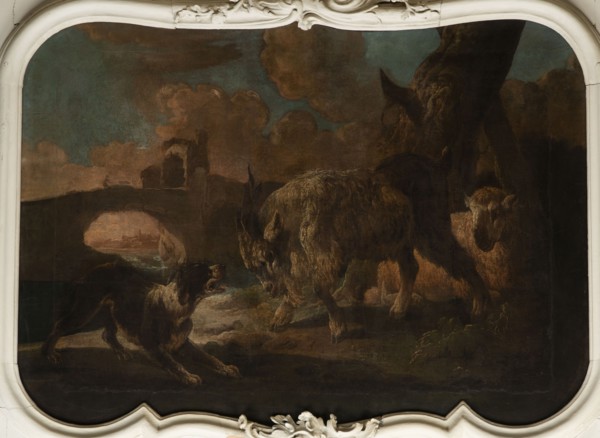 A dog scene with a dog barking at a goat; general tone of light browns and shades of pink with