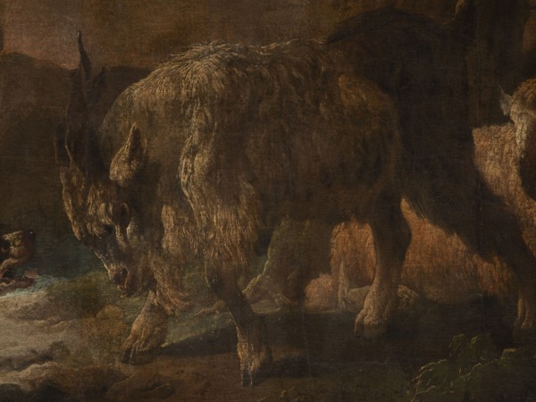 A dog scene with a dog barking at a goat, Roos, Philipp Peter 1657–1706 painter. The general tone