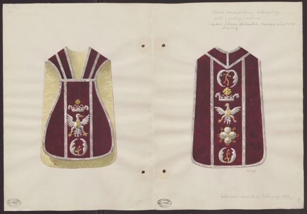 Siennica Masovian Voivodeship. A violin chasuble made of red velvet, with silver braid and earlier