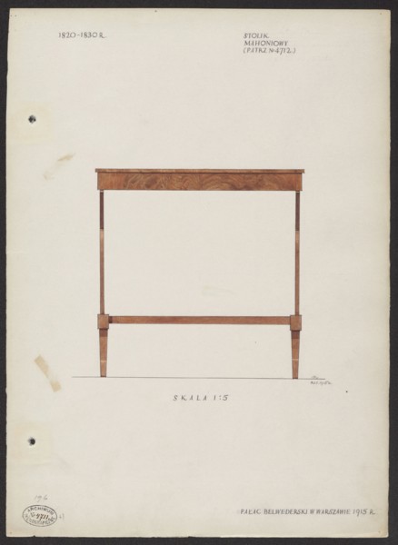 Mahogany table from the furnishings of the Belweder Palace in 1915 — front view at 1:5 scale.