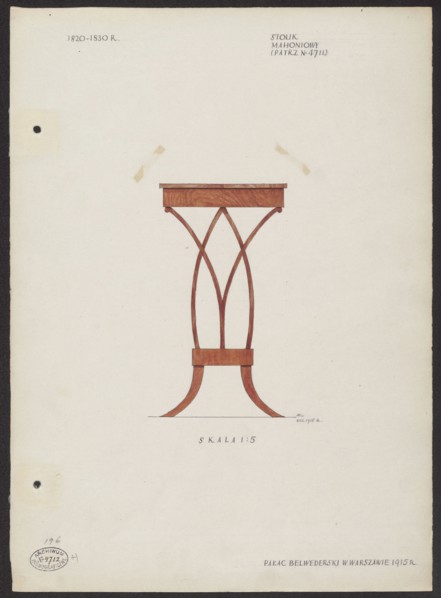 A mahogany table from the furnishings of the Belweder Palace in 1915 — side view in a scale of 1:5.
