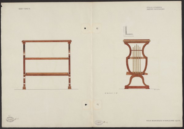 Mahogany table-etagère from the furnishings of the Belweder Palace, front and side views scale 1:5.