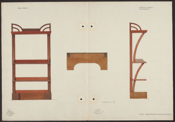 Standing shelf made of mahogany wood from the furnishings of the Belweder Palace; front, top and