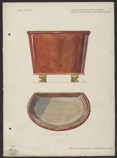 Fireplace wood vessel made of mahogany with bronzed legs from the furnishings of the Belweder
