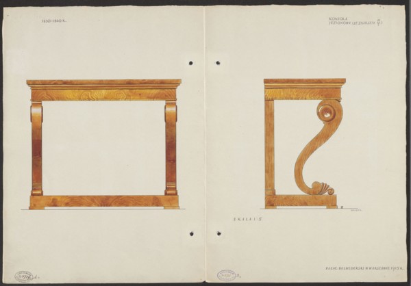 Ash wood console from the furnishings of the Belweder Palace, front and side views in a scale of