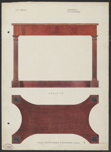 Mahogany console from the furnishings of the Belweder Palace in 1915 — front and bottom views at