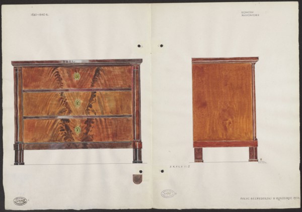 Mahogany chest of drawers from the furnishings of the Belweder Palace, front and side views at