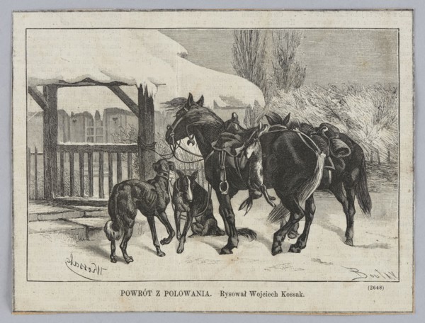 Returning from the hunt; 1874; painting reproduced as a press illustration; artist: Wojciech Kossak