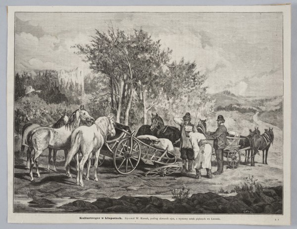 Kulturtreger in trouble — after a watercolor by Juliusz Kossak; creators: Juliusz Kossak 1824–1899,
