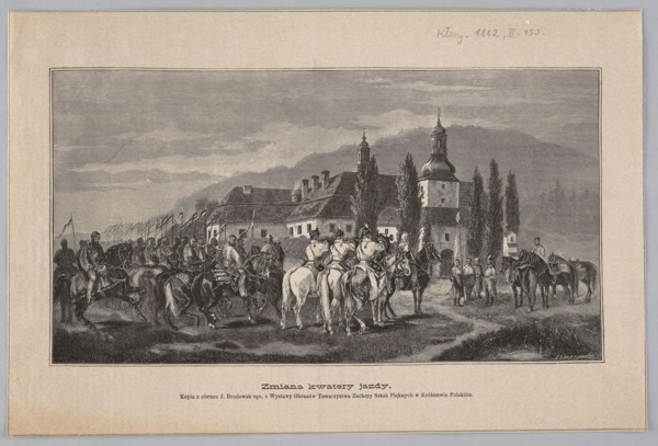 Reproduction of a painting: Brodowski, Józef 1828-1900, Change of cavalry quarters; woodcut by