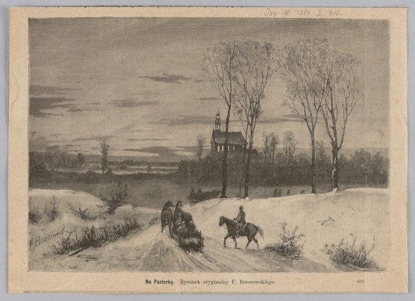 At the midnight mass; 1880. Woodcut illustration by Jarmuzynski, J., after Feliks Brzozowski