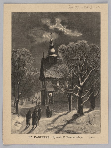 At the midnight mass; 1886. Illustration after Feliks Brzozowski 1836–1892, woodcut by Jan