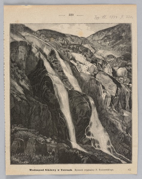 Siklawy Waterfall in the Tatra Mountains; woodcut illustration after a painting by Feliks