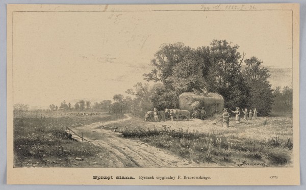 Hay equipment; illustration of haymaking in summer: rural landscape with meadows, villages, field
