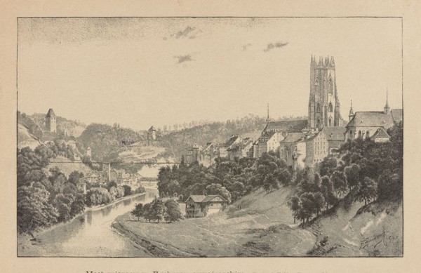 Suspension bridge in Freiburg, Switzerland; illustration by Feliks Brzozowski 1836–1892, 1891;