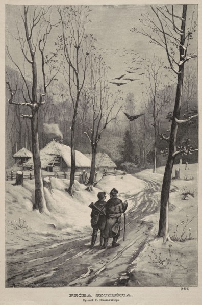Test of Luck; 1882, woodcut illustration by Aleksander Malinowski after Feliks Brzozowski; depicts