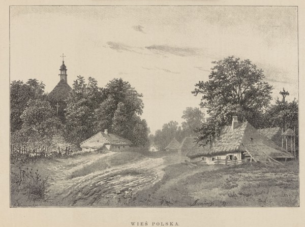 Polish village; illustration of village cottages and village church; painting/graphic reproduction;