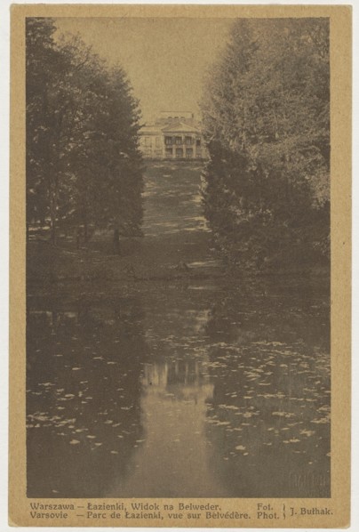 Warsaw. Lazienki, View of the Belweder, ca. 1935. Photographer: Jan Bulhak 1876–1950. Postcard, 14