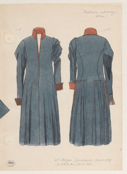 Cloth kontusz, Lithuania, ca. 1790 — front and back views in 1:5 scale; watercolor and drawing,