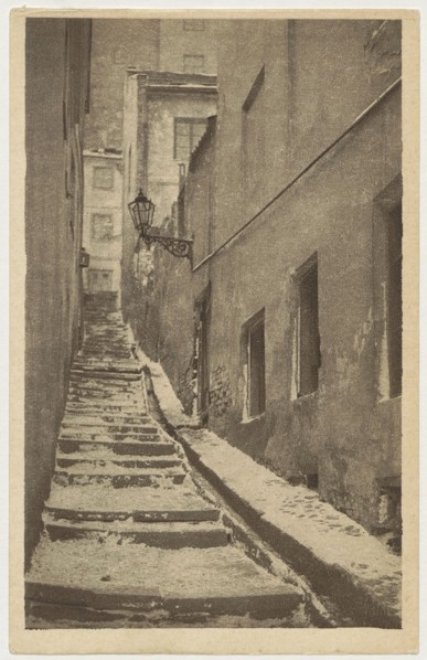 Warsaw. Old Town - Stone Stairs, St. Adalbert's Printing and Bookstore; Polish Society of Railway