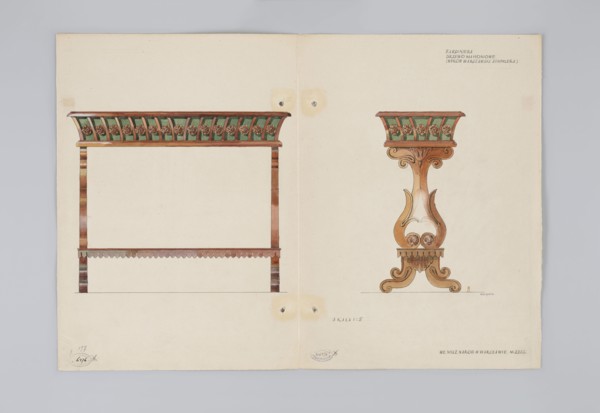 Mahogany jardiniere, Warsaw product by Jan Jakub Simmler — side and front views in a scale of 1:5,