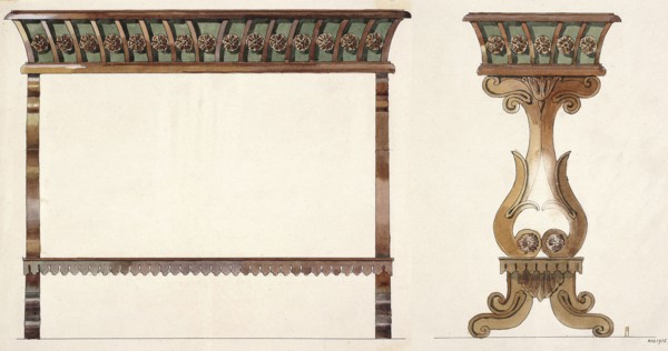 Mahogany jardiniere, Warsaw product by Jan Jakub Simmler — side and front views in a scale of 1:5;