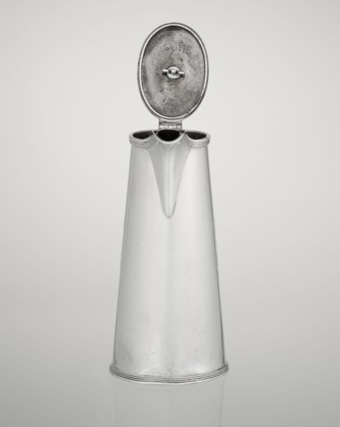 Conical coffee pot with hinged lid, slightly arched and flattened at the top, topped with a wooden