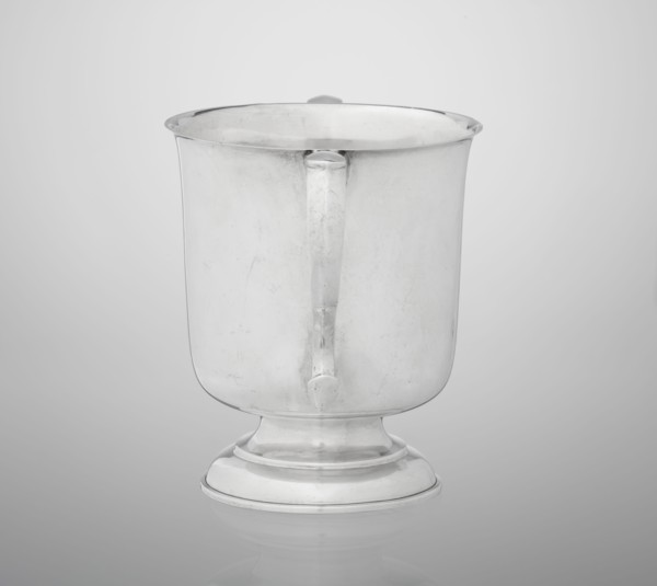 Two-eared vase, vase on a circular, stepped-profile foot and short stem, smooth, cylindrical, with