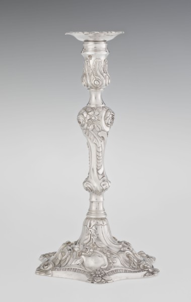 Single-candle candlestick by William Cafe fl. 1757–ca. 1802, silver, rococo/George II style,
