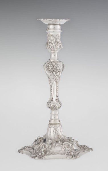 Single-candle candlestick by William Cafe fl. 1757–ca. 1802, silver, rococo George II style,
