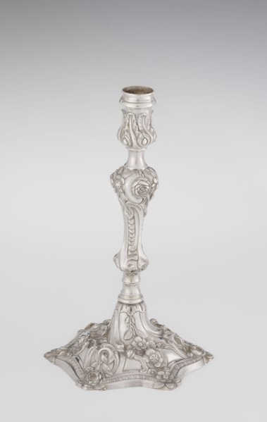 Single-candle candlestick, William Cafe fl. 1757–ca.1802, rococo George II style. Silver