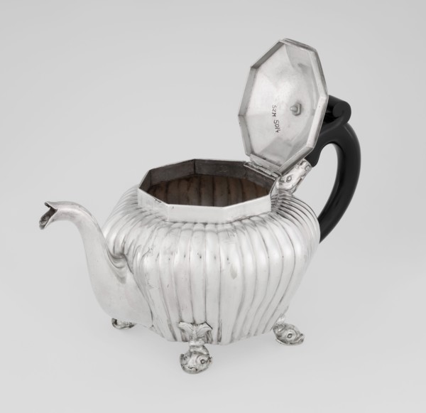 Teapot, maker: Thomas II fl. 1798–1809?, goldsmith. Teapot supported on four legs in the form of