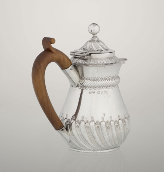 Coffee pot by John Septimus Beresford London; goldsmith; active 1880–1889. Pear-shaped jug,
