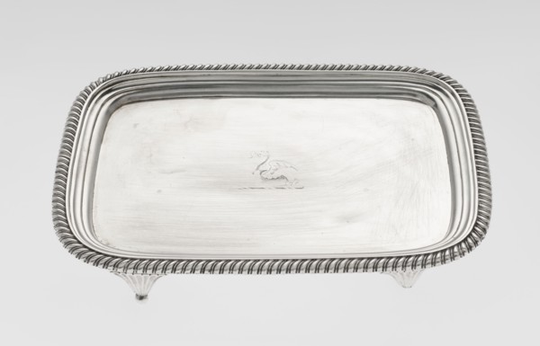 Tray on legs by William Bennet fl. 1796–1825, goldsmith. Tray on four legs in the form of stylised
