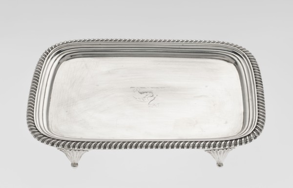 Tray on legs by William Bennet fl. 1796–1825, goldsmith. Tray on four legs in the form of stylised