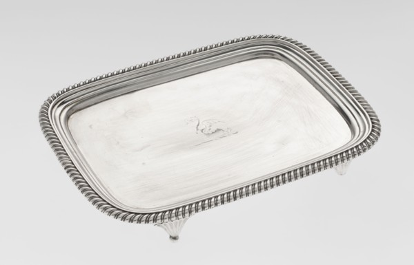 Tray on legs by William Bennet fl. 1796–1825, goldsmith. Tray on four legs in the form of stylised